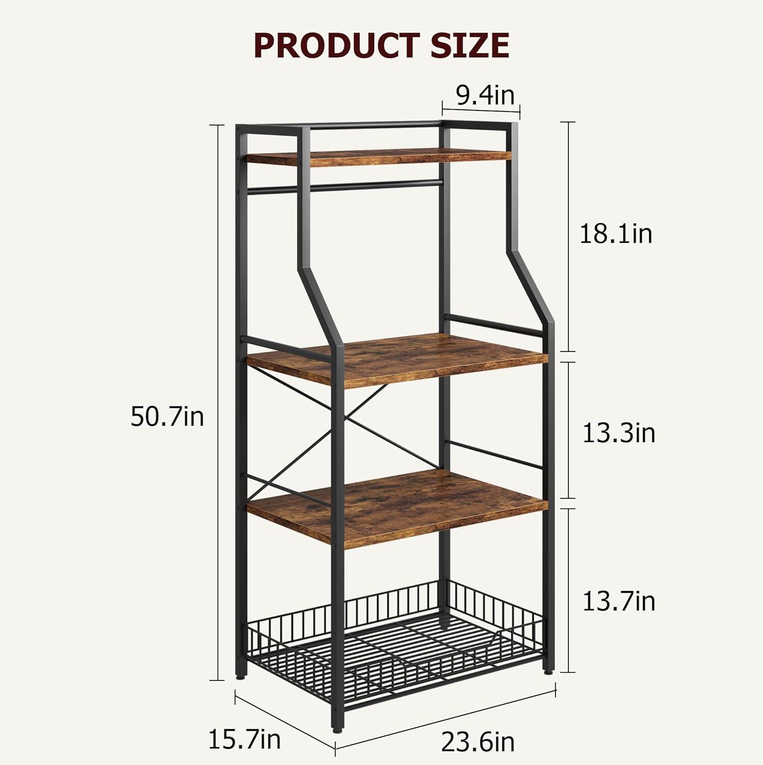 CREATIVE HOBBIES Kitchen Bakers Rack, Microwave Oven Stand with Large Wire Basket, Industrial Coffee Bar Station, 4-Tier Kitchen Utility Storage Shelf with 8 Hooks for Spice, Pots Organizer