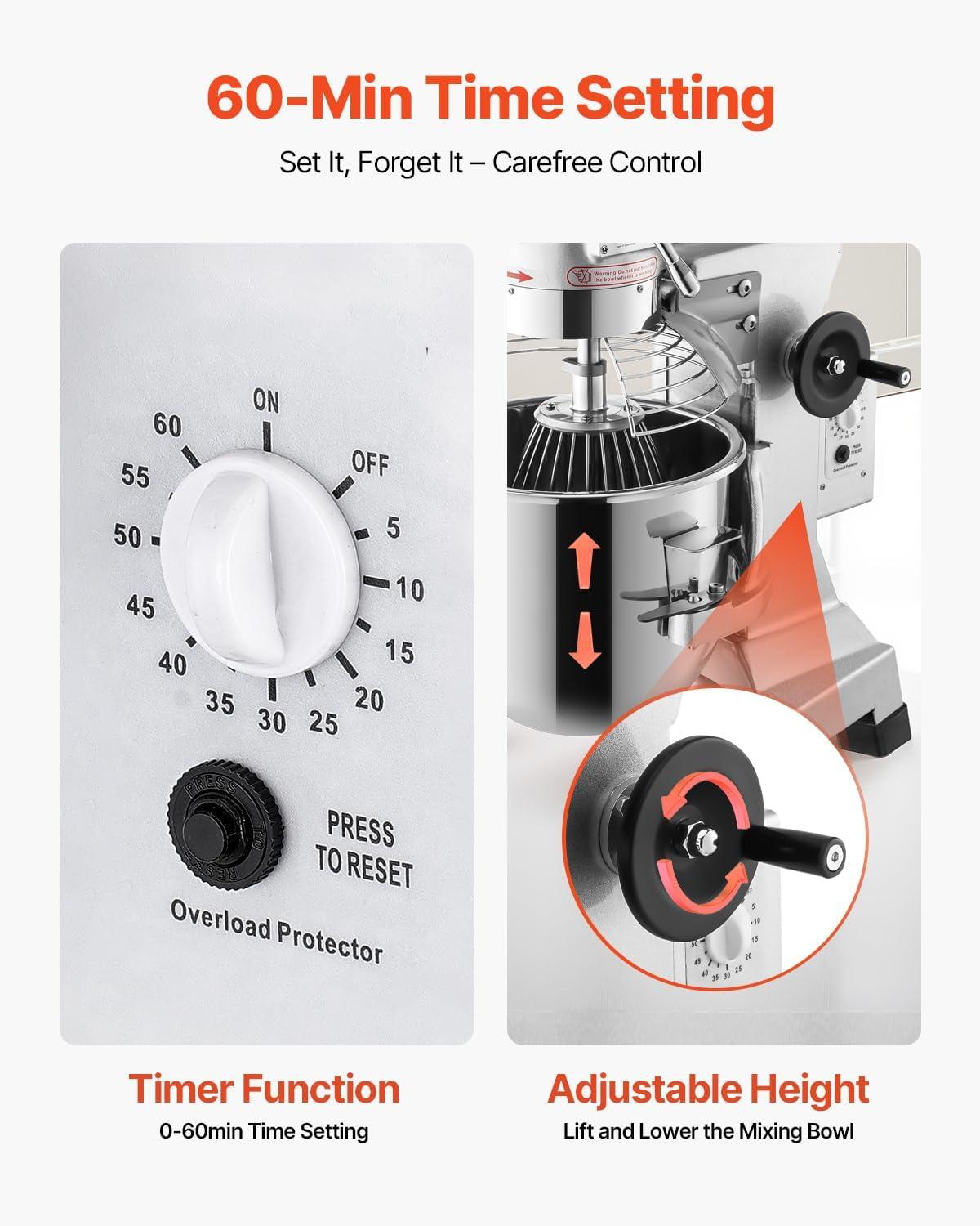 Happybuy 15Qt Commercial Food Mixer with Timing Function， Commercial Mixer 500W Stainless Steel Bowl Heavy Duty Electric Food Mixer Commercial with 3 Speeds Adjustable, Perfect for Bakery Pizzeria