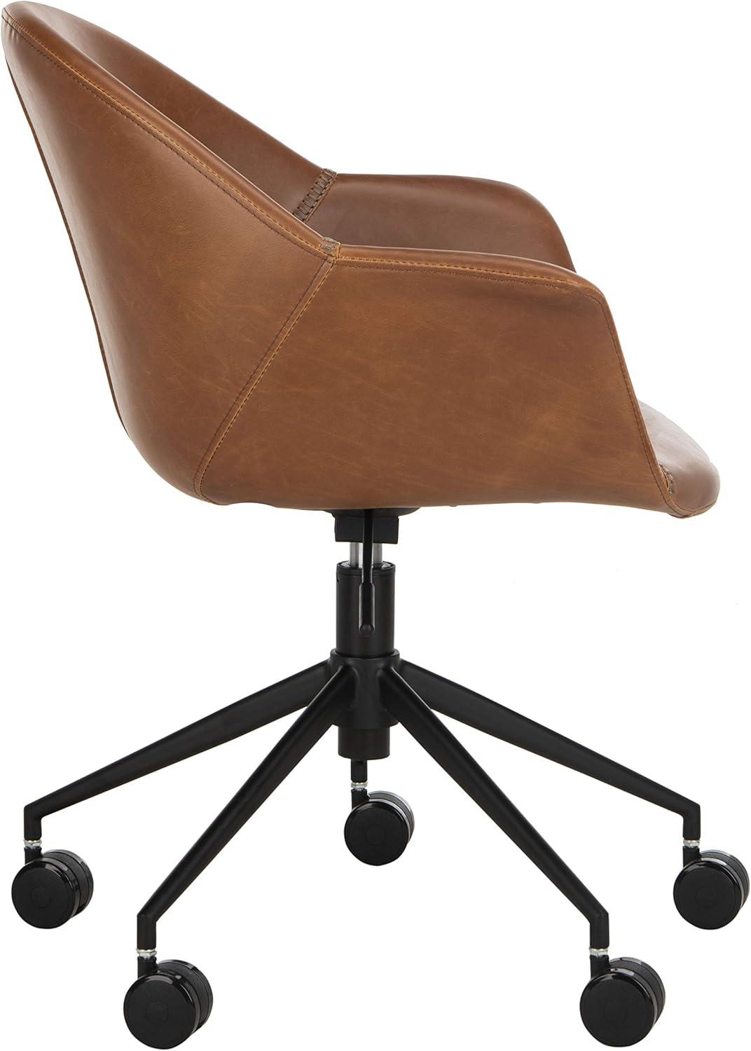 Transitional Ember Swivel Task Chair in Light Brown Leather and Black Wood