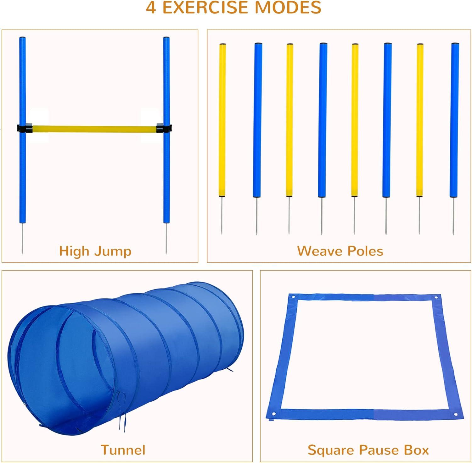 PawHut 4PC Obstacle Dog Agility Training Course Kit Backyard Competitive Equipment- Blue/Yellow