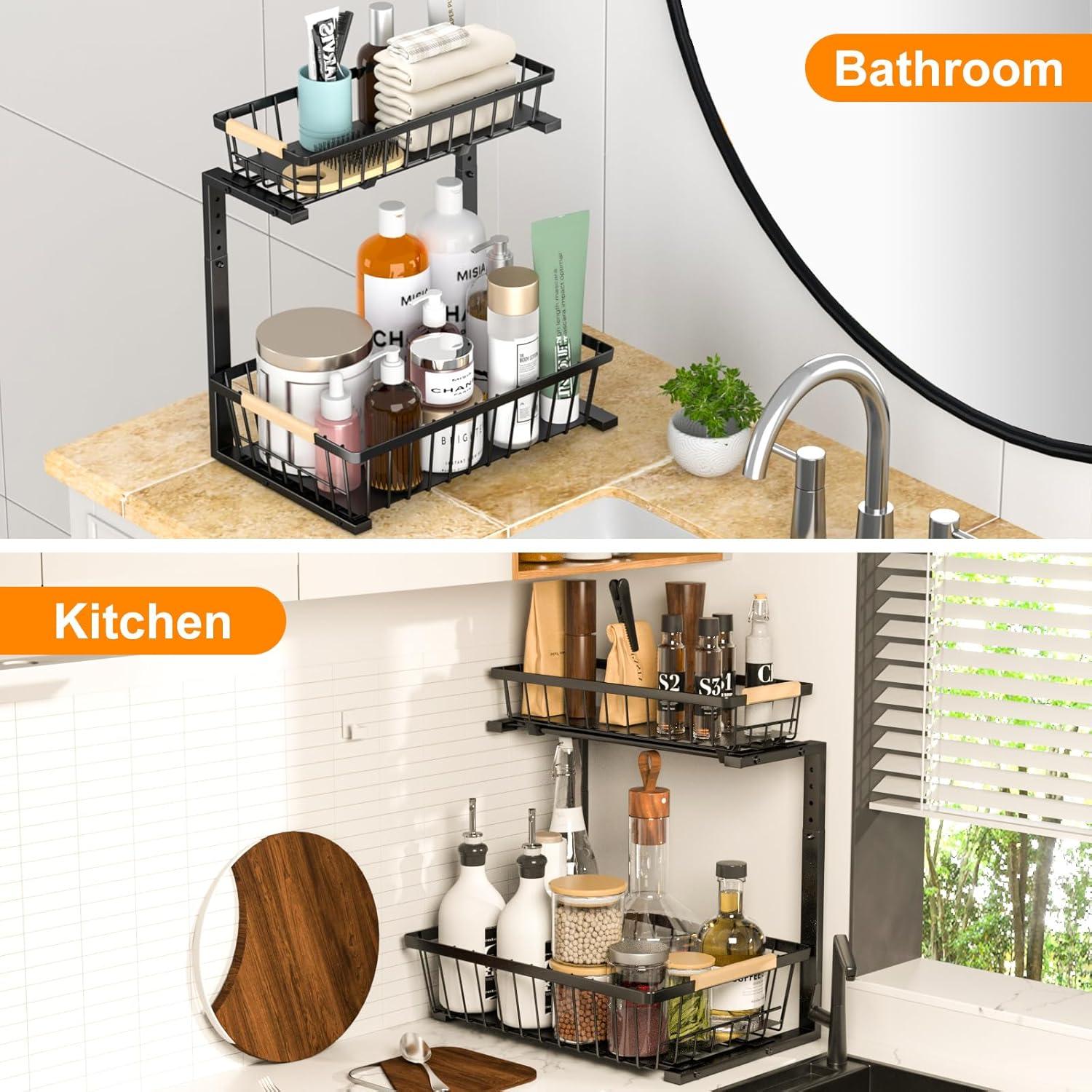 Under Sink Organizers and Storage, 2 Pack Pull Out Kitchen Bathroom Cabinet Organizer, 2 Tier Black Under Sink Storage for Bathroom Kitchen, Under Counter Storage Organizer with 8 Hooks