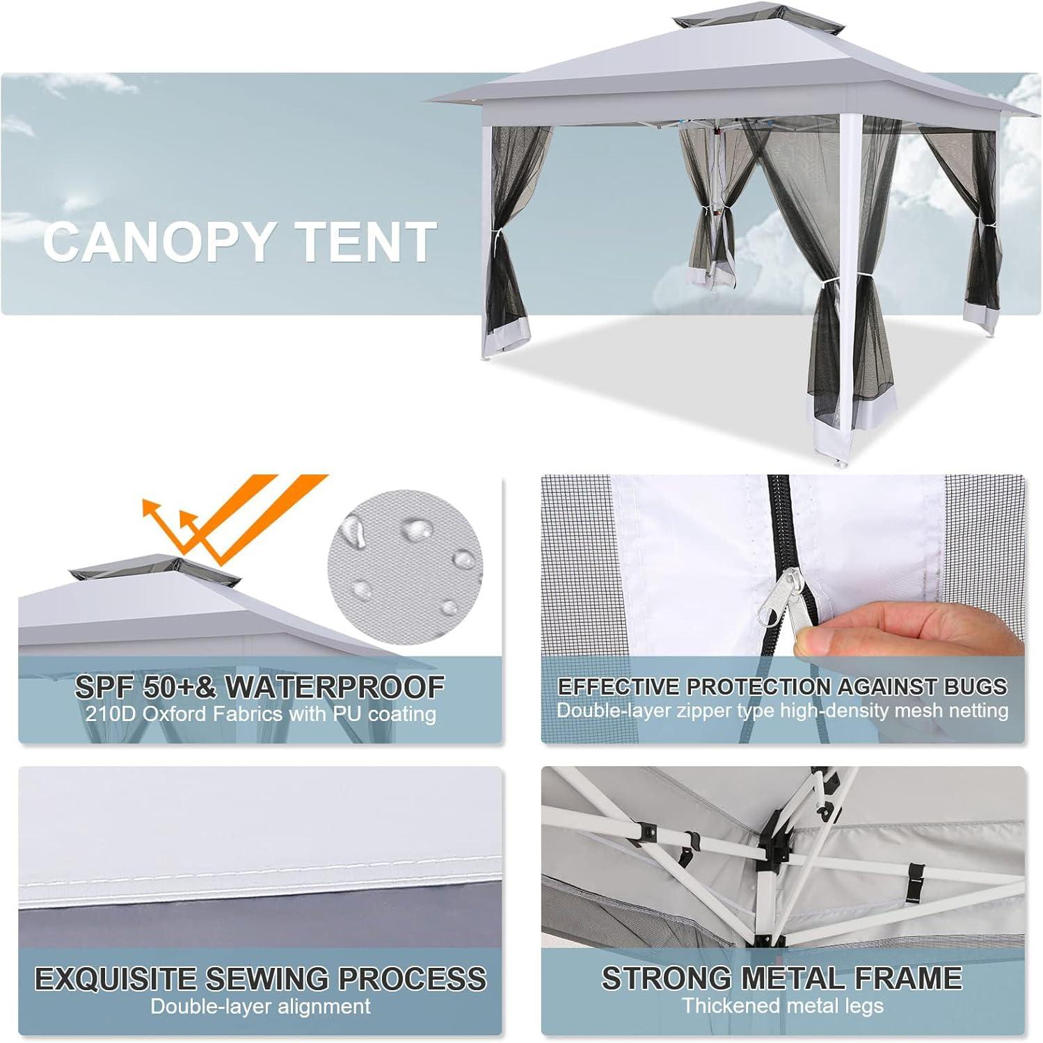 COBIZI 12'x12' Pop-up Gazebo Patio Gazebo Outdoor Gazebo Canopy with Mosquito Netting Patio Tent Backyard Canopy with 2-Tiered Vented Top 3 Adjustable Height and 144 Square ft of Shade, Gray