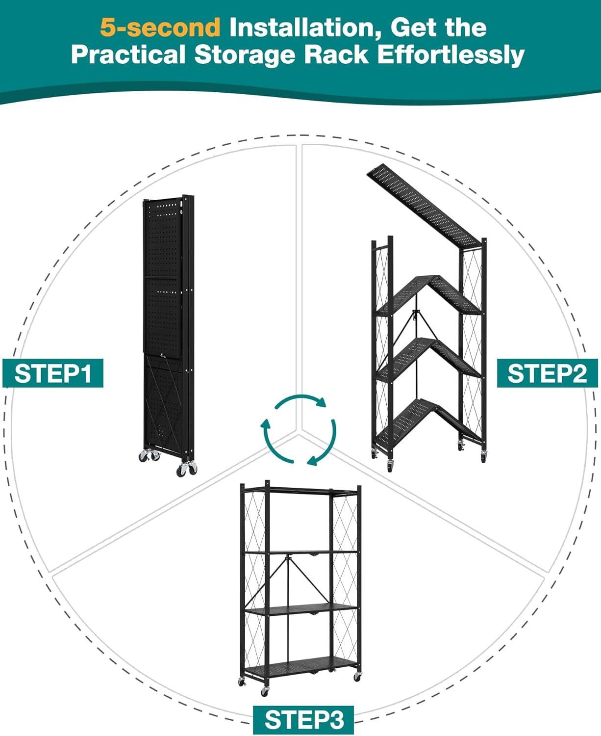 3-Tier Storage Shelves with Wheels, Folding Bookshelf No Assembly, Metal Display Shelf for Balcony, Kitchen, Basement, Pantry, White