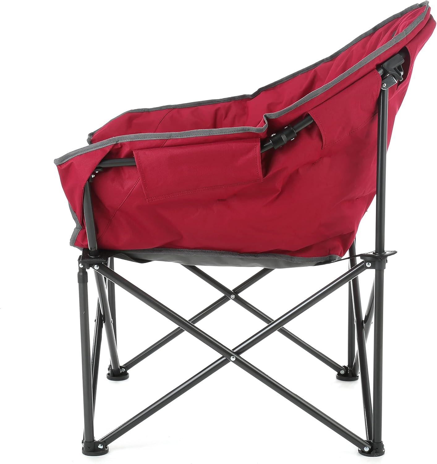 ARROWHEAD OUTDOOR Oversized Heavy-Duty Club Folding Camping Chair w/ External Pocket, Cup Holder, Portable, Padded, Moon, Round, Saucer, Supports 330lbs, Carrying Bag, USA-Based Support (Burgundy Red)