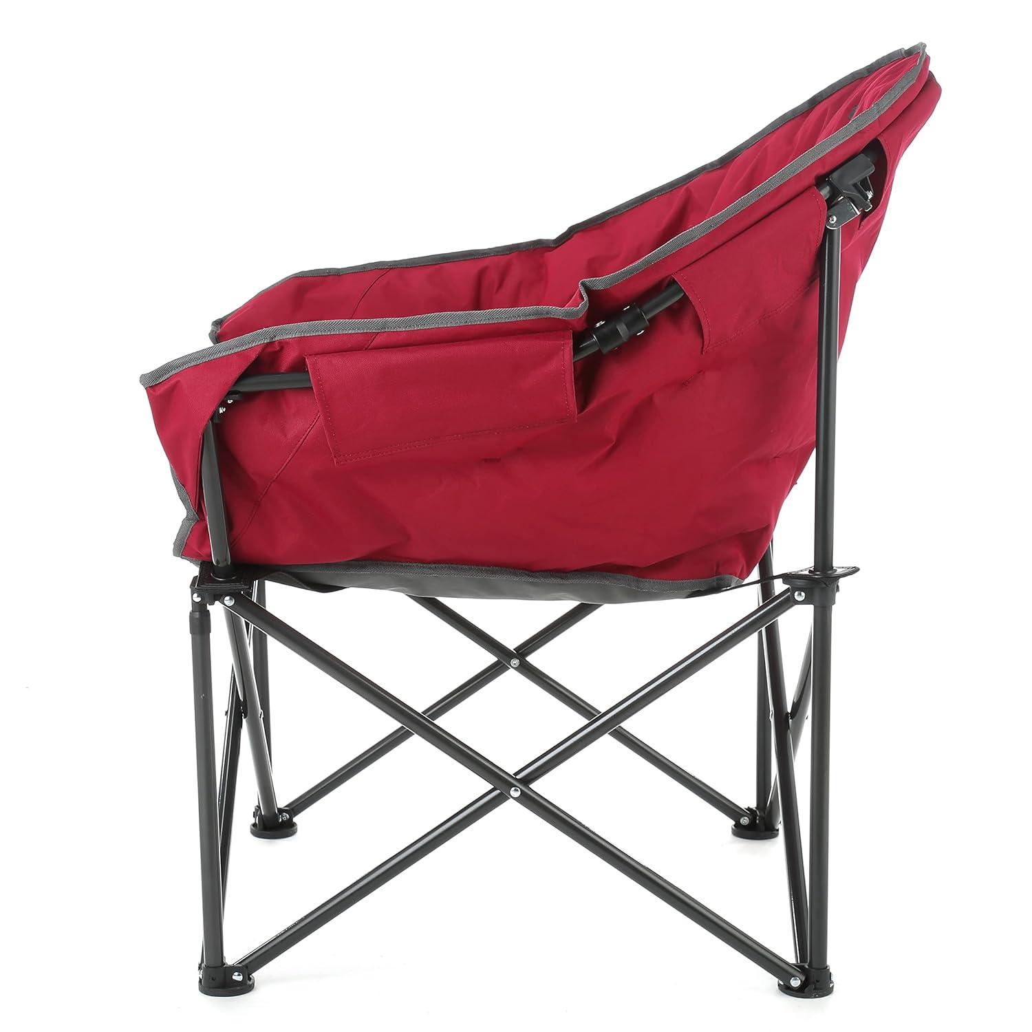 ARROWHEAD OUTDOOR Oversized Heavy-Duty Club Folding Camping Chair w/ External Pocket, Cup Holder, Portable, Padded, Moon, Round, Saucer, Supports 330lbs, Carrying Bag, USA-Based Support (Burgundy Red)