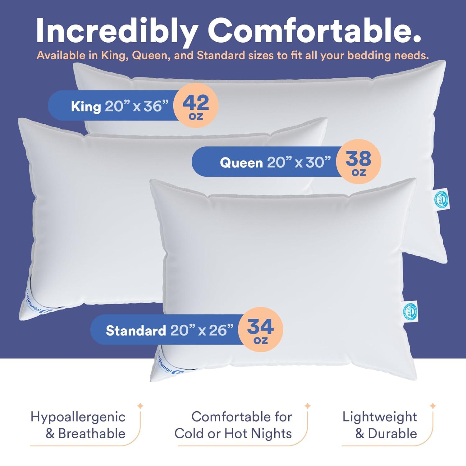 Continental Bedding 50% White Goose Down and 50% White Goose Feather Blend - King Size Pillow - Set of 2