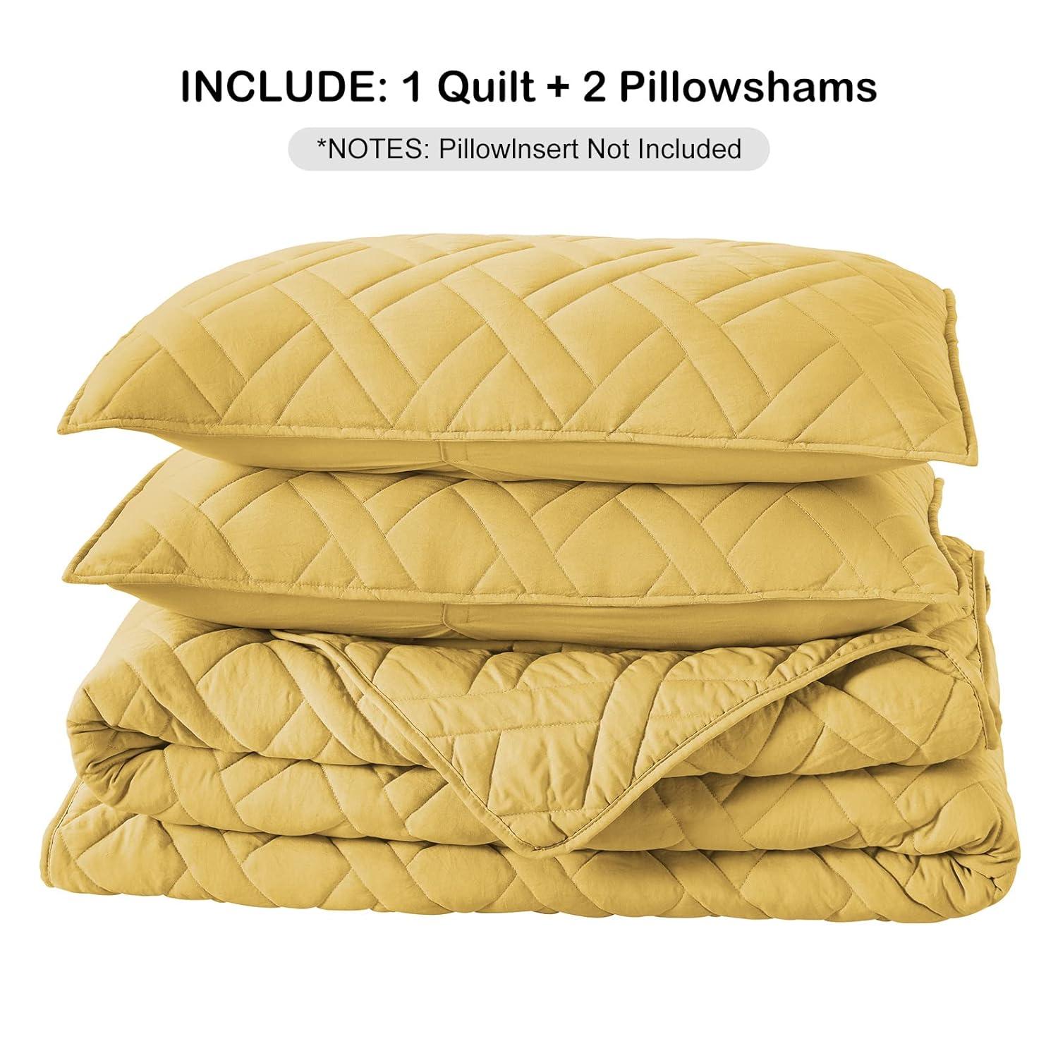 HORIMOTE HOME Quilt Set Queen Size Yellow, Classic Geometric Diamond Stitched Pattern, Ultra Soft Lightweight Bedding Set Bedspread Coverlet for All Season 3 Pieces (1 Quilt and 2 Pillow Shams)
