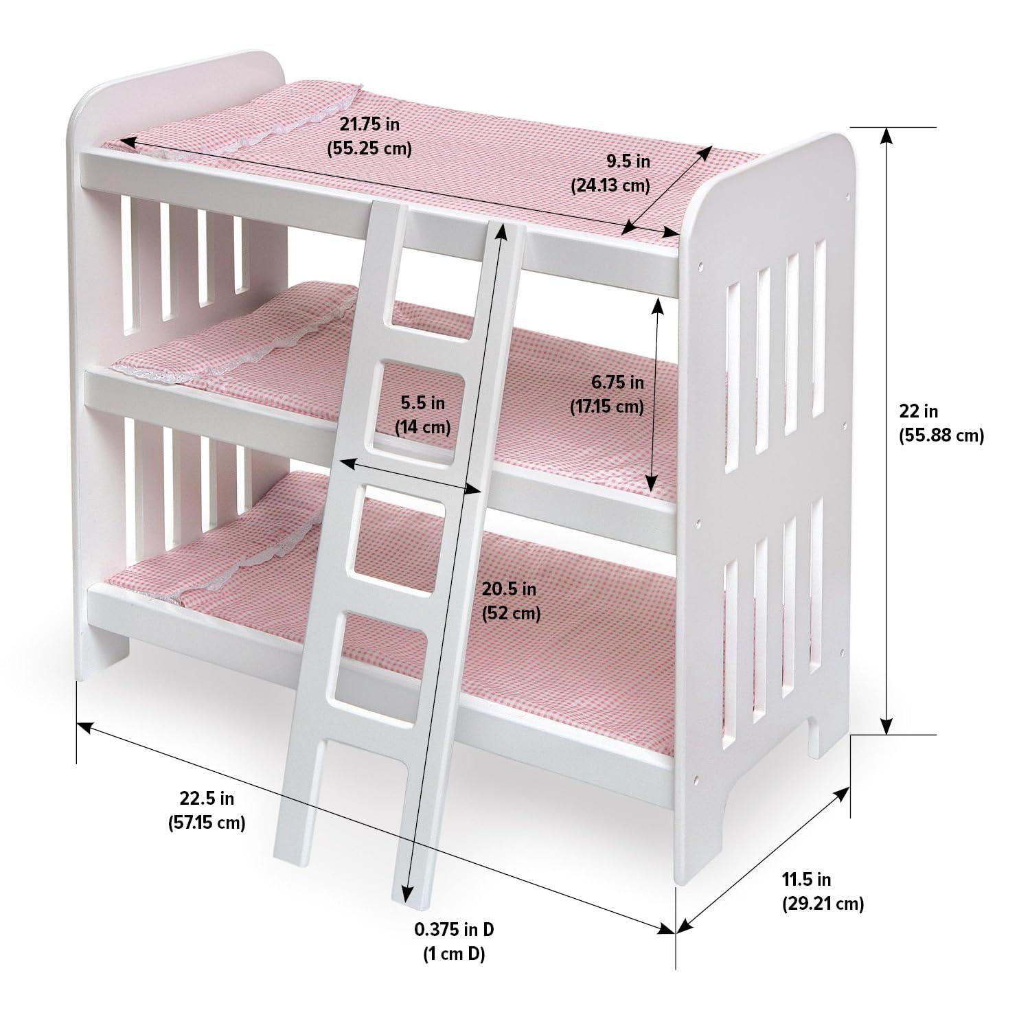 Badger Basket Triple Doll Bunk Bed with Ladder, Bedding, and Free Personalization Kit - Pink Gingham