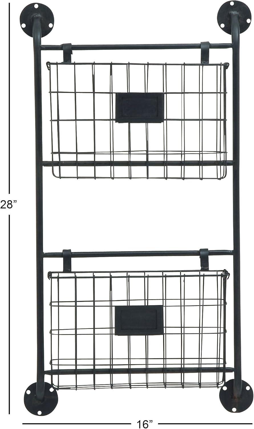 Black Metal Wall Mounted 2-Tier Magazine Rack with Label Slots