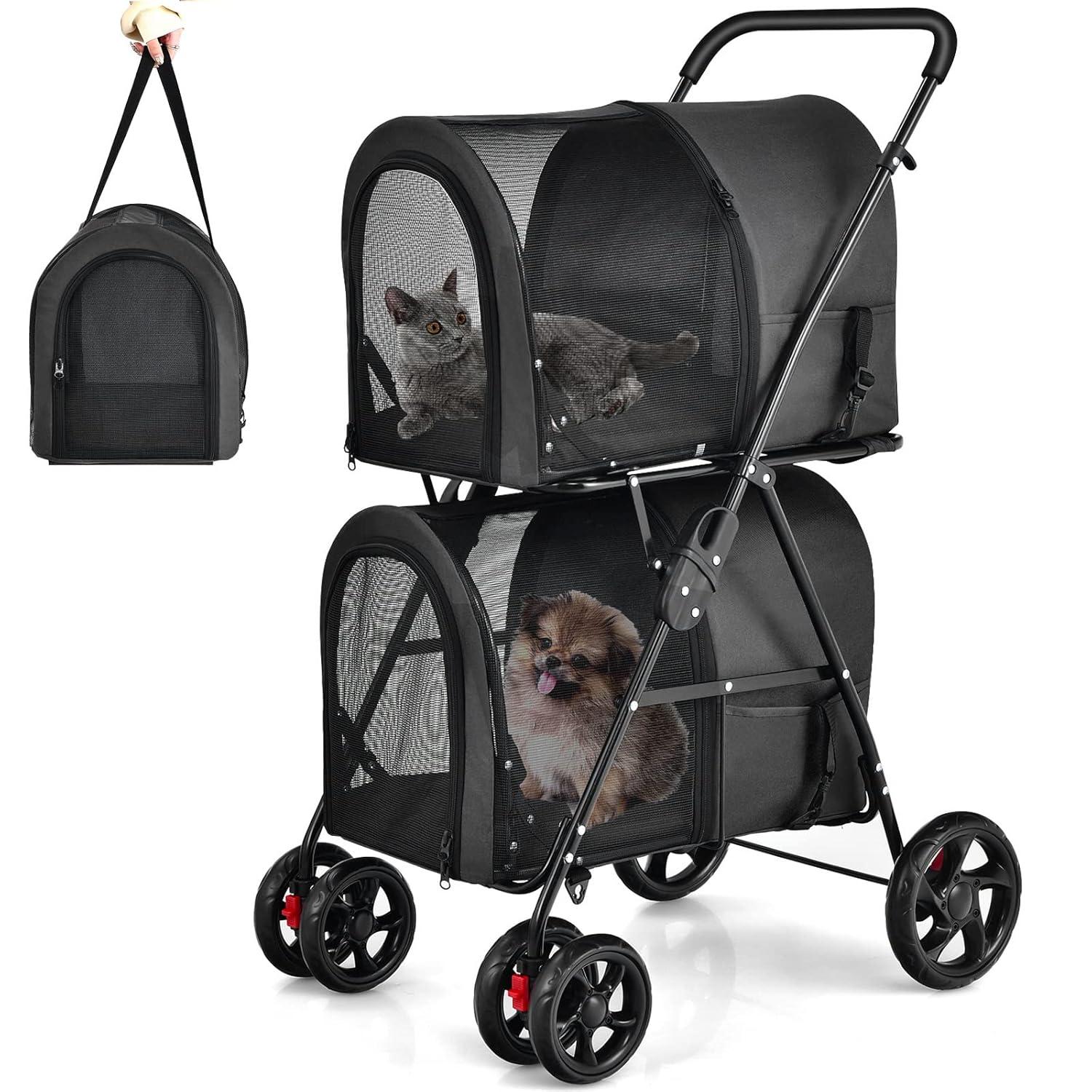 Tangkula Double Pet Stroller with 2 Detachable Carrier Bags Safety Belt 4 Lockable Wheels Cat Stroller Travel Carrier Strolling Cart Folding Black