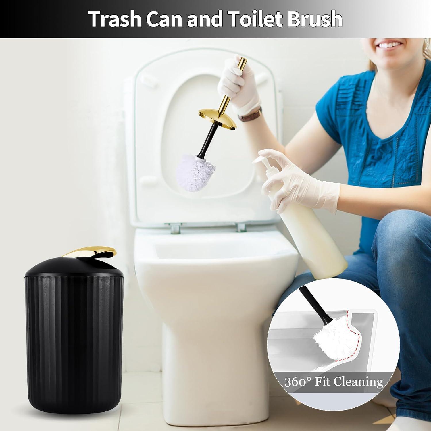9PCS Black and Gold Bathroom Accessories Set Complete with Trash Can, Vanity Tray, Soap Dispenser, Soap Dish, Toothbrush Holder, Toothbrush Cup, Toilet Brush and Qtip Holders