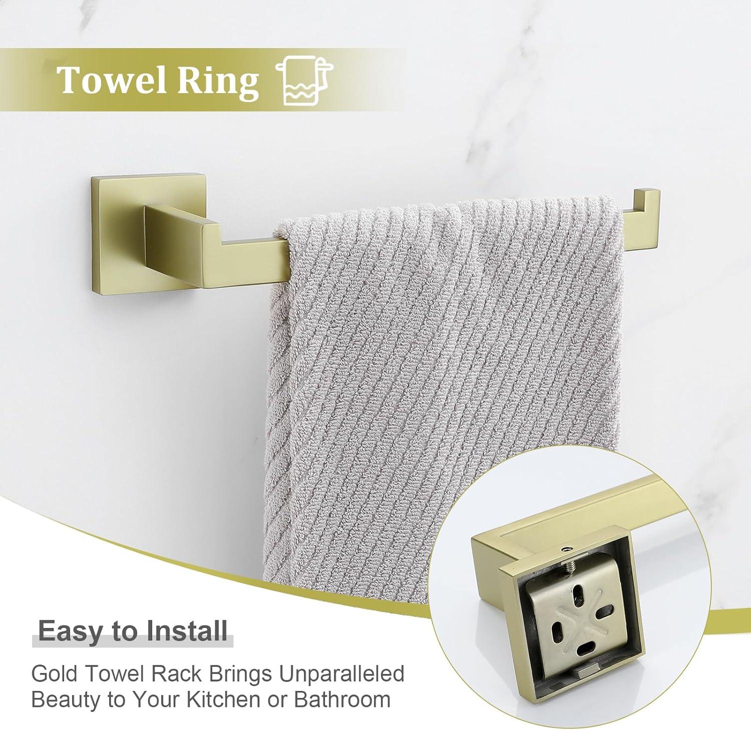 Bathroom Hardware Accessories Set 5-Pieces Stainless Steel Brushed Gold Square 24" Towel Bar Holder 2 Robe Hooks Towel Ring Sets Wall Mounted,A8808-5BG