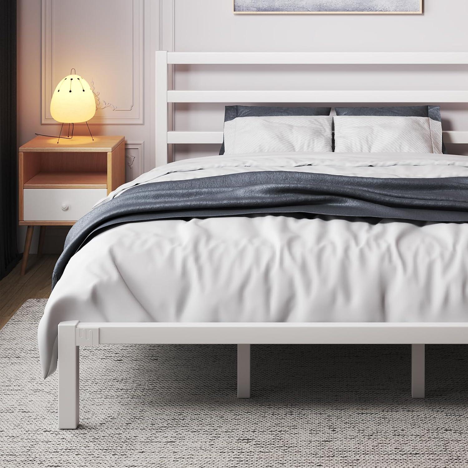 King Size Bed Frame, Heavy Duty Platform Bed Frame with Strong Metal Foundation,Under Bed Storage,Mattress Foundation,No Box Spring Required,Easy Assembly, White