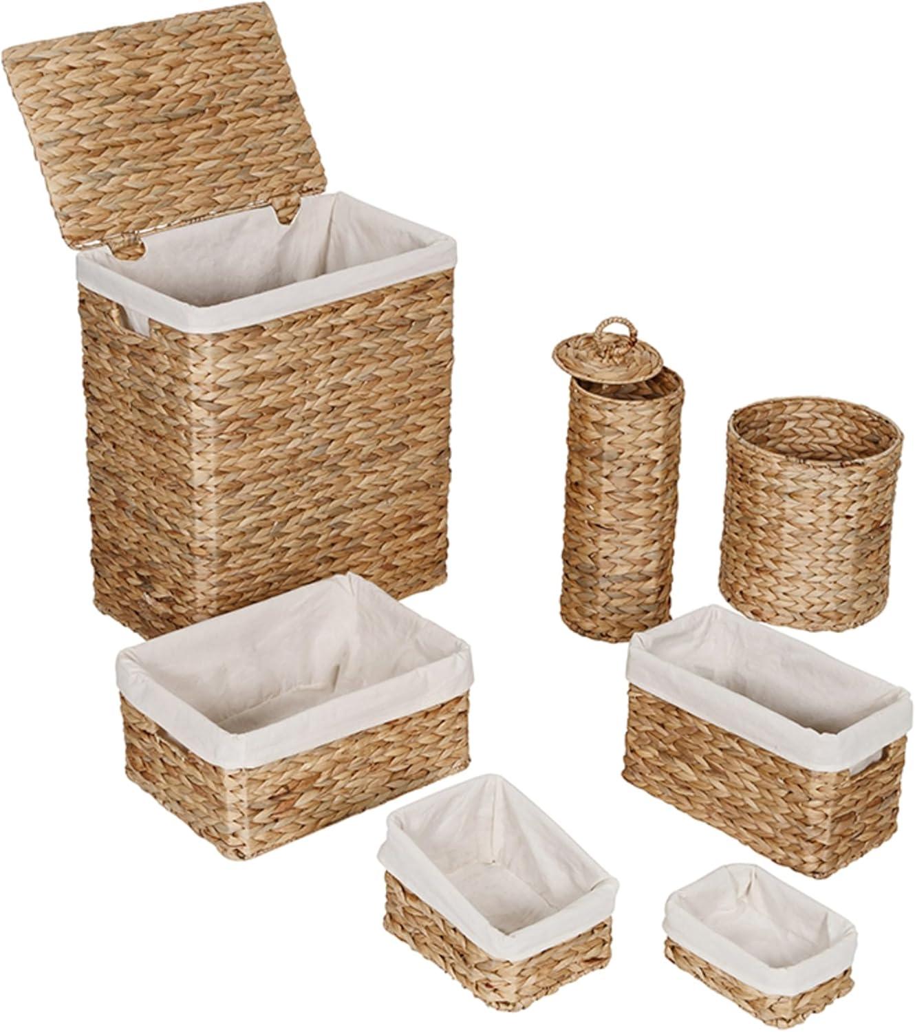 Honey-Can-Do Water Hyacinth Wicker Laundry Hamper and Bath Storage Basket Set of 7, Natural/White