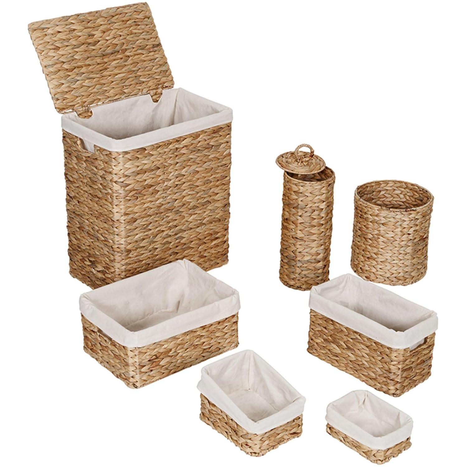 Honey-Can-Do Water Hyacinth Wicker Laundry Hamper and Bath Storage Basket Set of 7, Natural/White