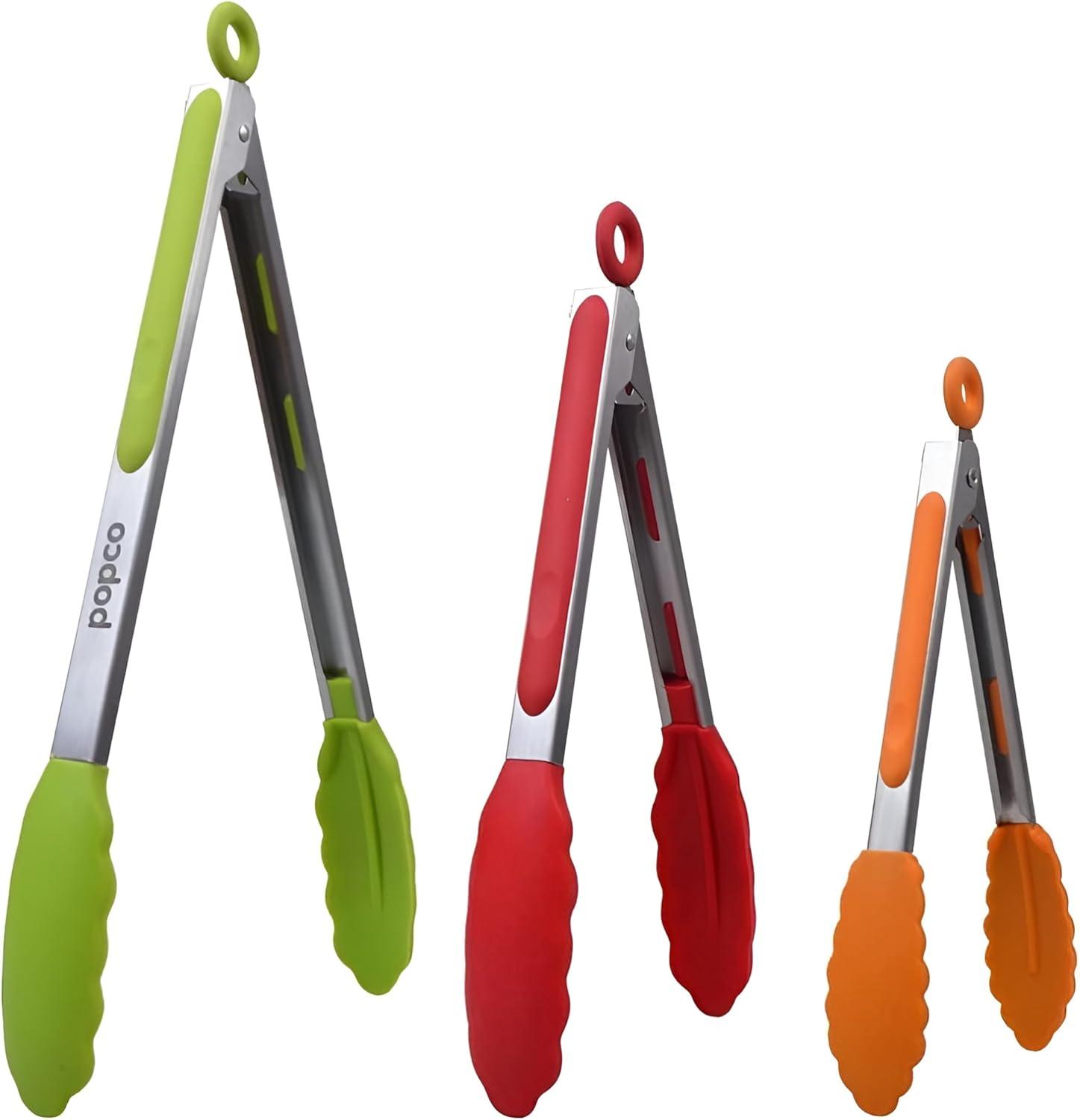 Popco Multicolored Silicone and Stainless Steel Cooking Tongs Set