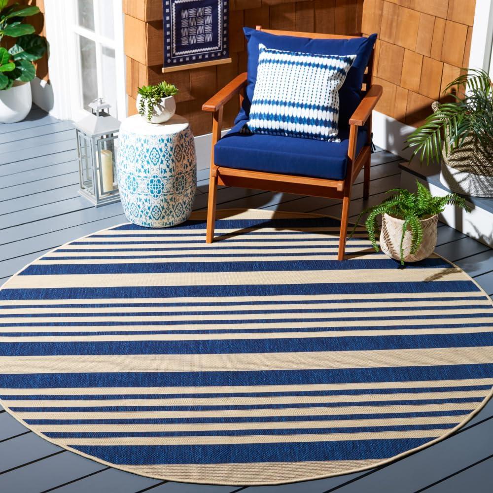 Navy Stripe 7'1" Round Synthetic Easy-Care Outdoor Rug