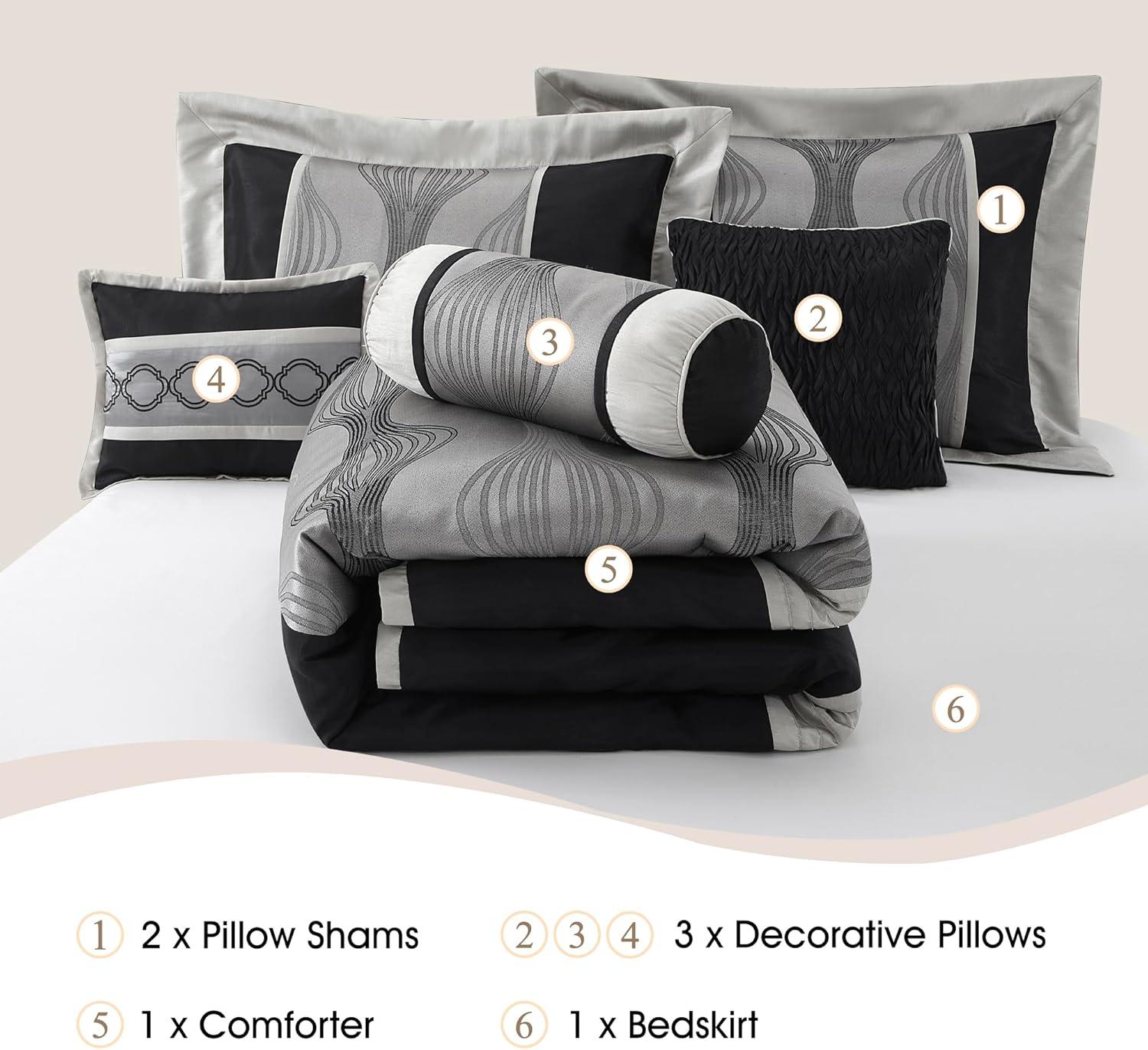 Lanco Black and Silver Comforter Set Queen Size, 7 Pieces Bedding & Collection, Jacquard All Season Comforter & Pillows, Ultra-Soft Microfiber