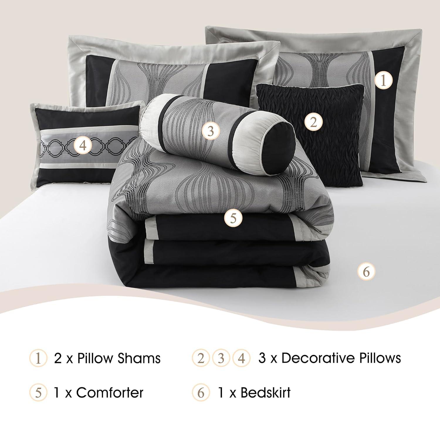 Lanco Black and Silver Comforter Set Queen Size, 7 Pieces Bedding & Collection, Jacquard All Season Comforter & Pillows, Ultra-Soft Microfiber