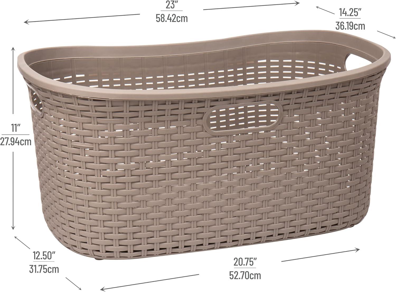 Mind Reader 40L Laundry Basket, Clothes Hamper, Lid, Wicker Design, Plastic, 23"L x 14.5"W x 11"H, Set of 2, Tan