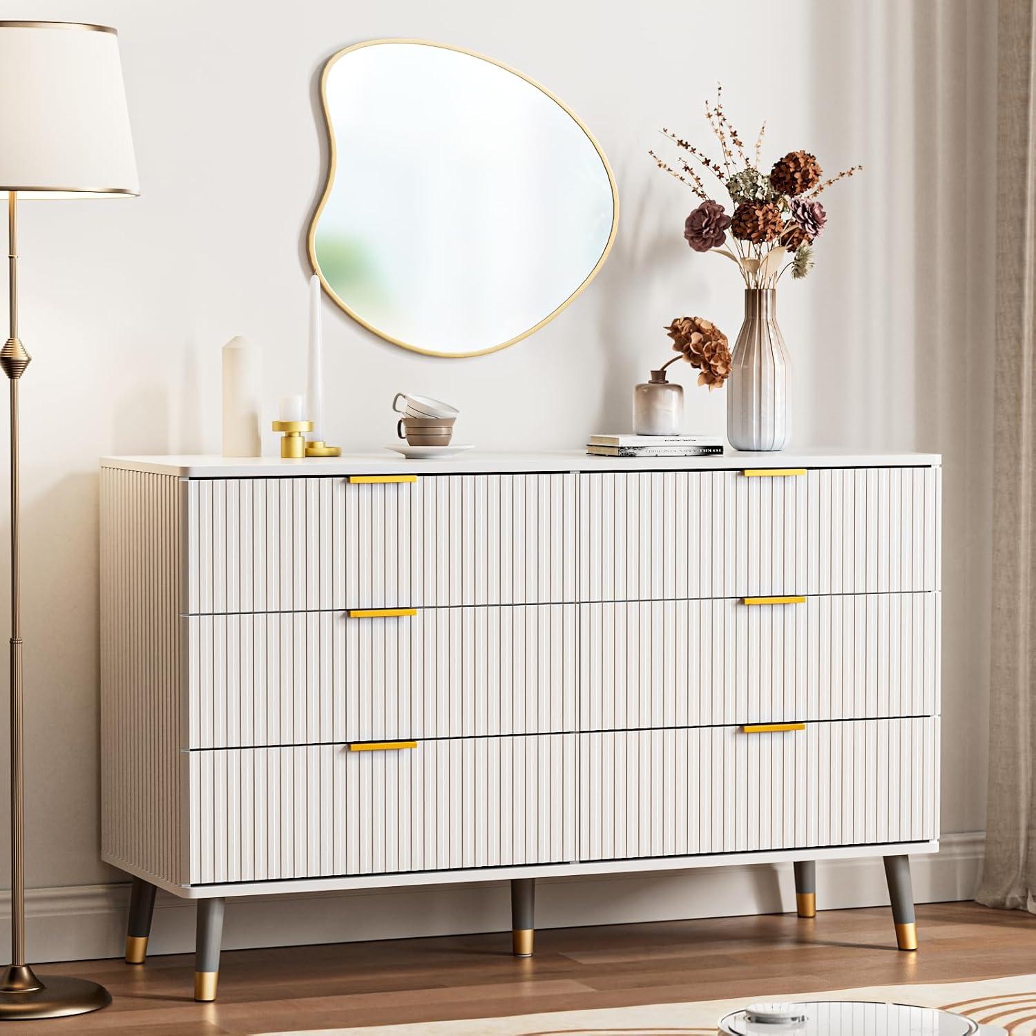 6 Drawer Dresser for Bedroom,Modern Bedroom Dresser,Fluted White and Gold Dresser with Curved Profile Design