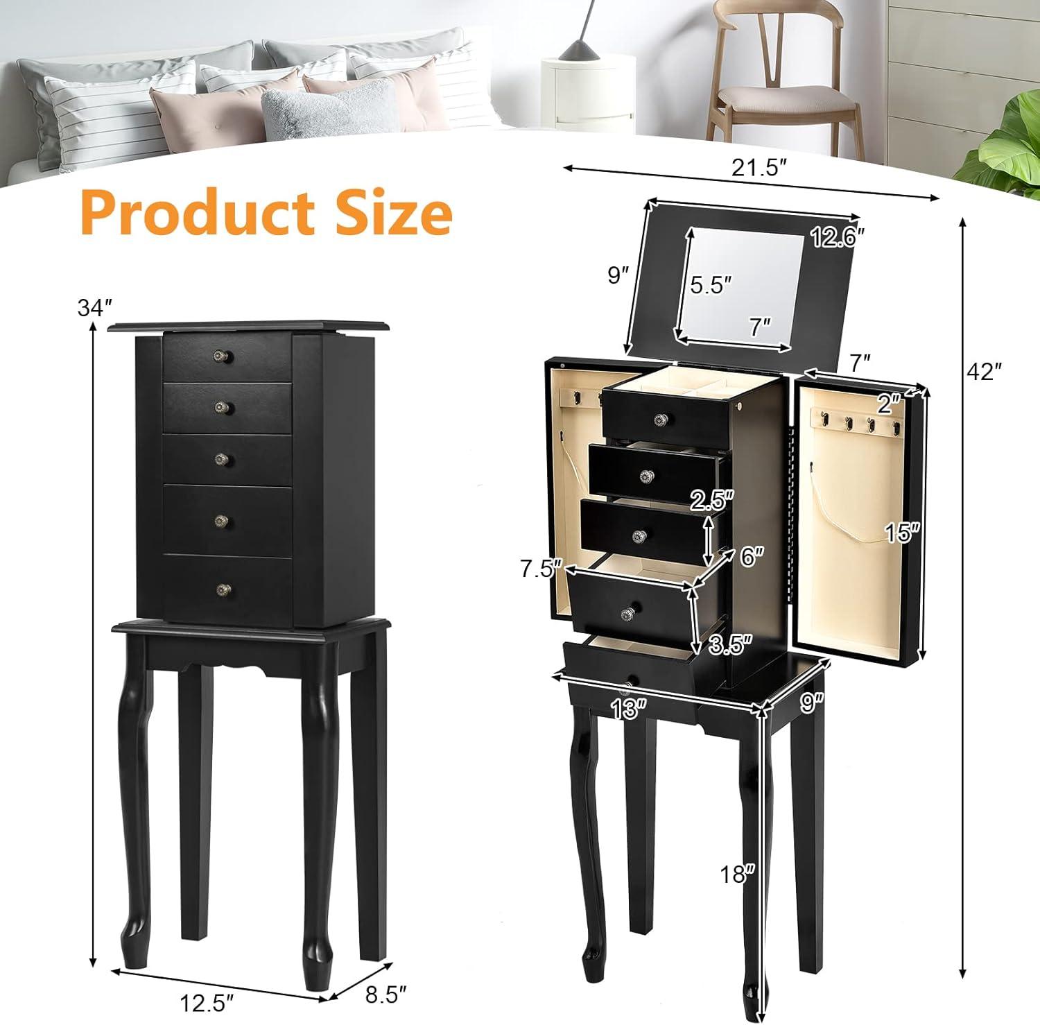 Giantex Jewelry Cabinet Armoire with Top Mirror, 5 Drawers, 2 Swing Doors, Wooden Jewelry Treasure Storage Chest with Large Storage, Standing Jewelry Organizer (Black)