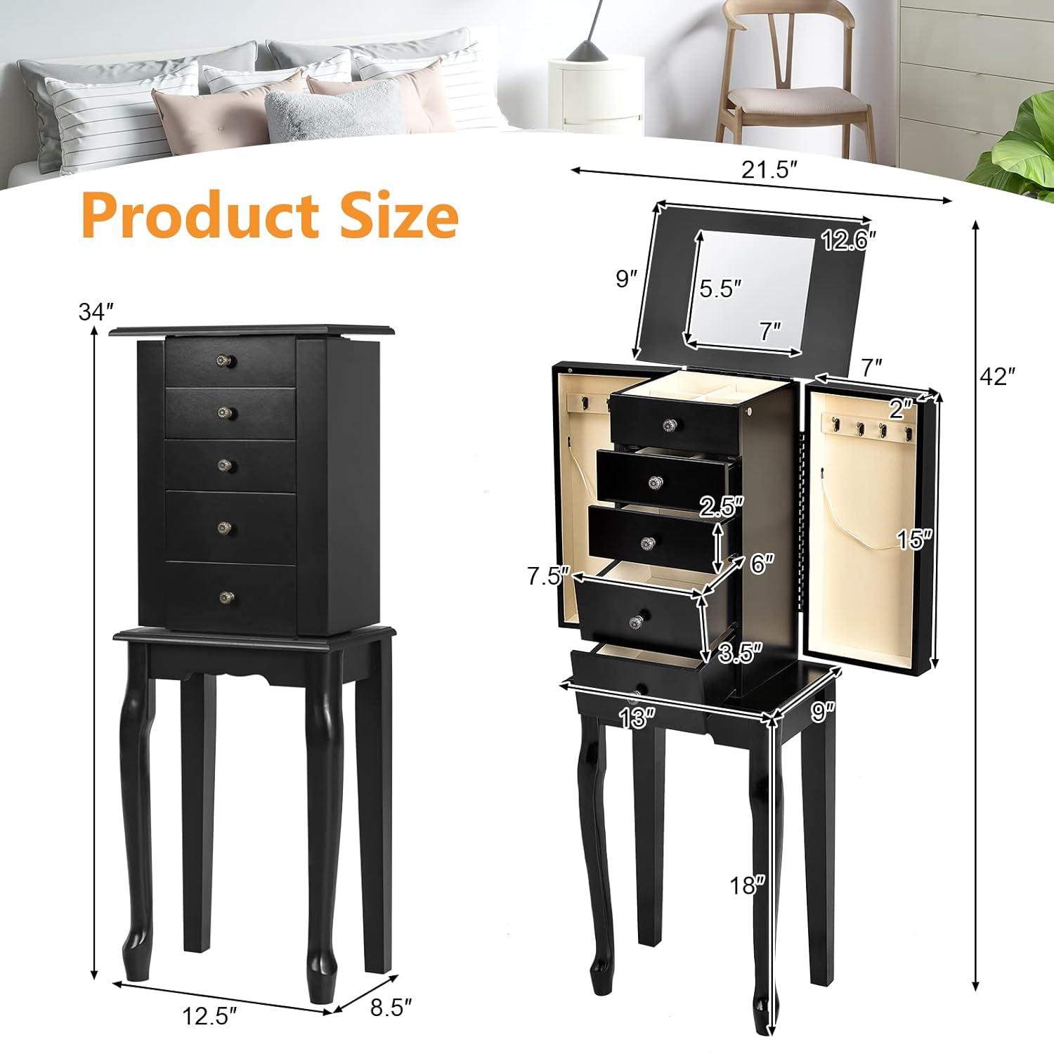 Giantex Jewelry Cabinet Armoire with Top Mirror, 5 Drawers, 2 Swing Doors, Wooden Jewelry Treasure Storage Chest with Large Storage, Standing Jewelry Organizer (Black)