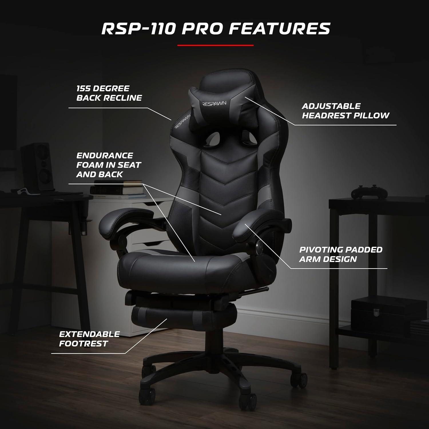 Respawn RESPAWN 110 Pro Gaming Chair - Gaming Chair with Footrest, Reclining Gaming Chair, Video Gaming Computer Desk Chair, Adjustable Desk Chair, Gaming Chairs For Adults With Headrest Pillow
