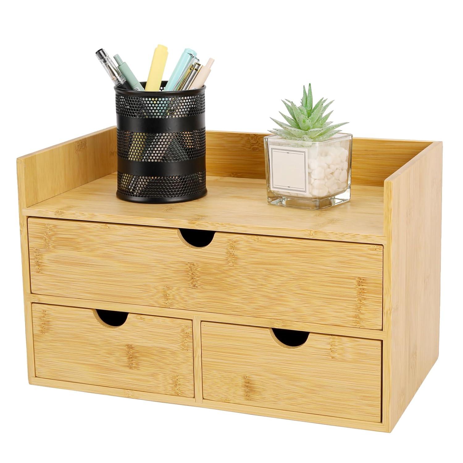 Bamboo Desk Organizer with 3 Drawers, Countertop Organizer with Drawers Makeup Storage Drawer 3 Drawers Tabletop Storage Organization Box Home Office Workspace
