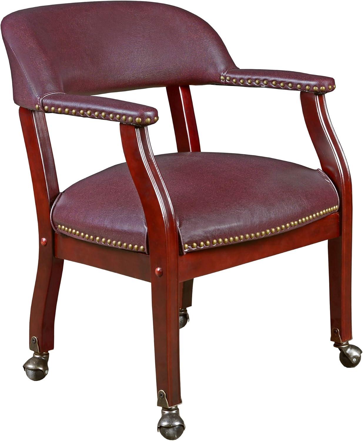 Elegant Burgundy Vinyl and Mahogany Wood Reception Chair with Fixed Arms