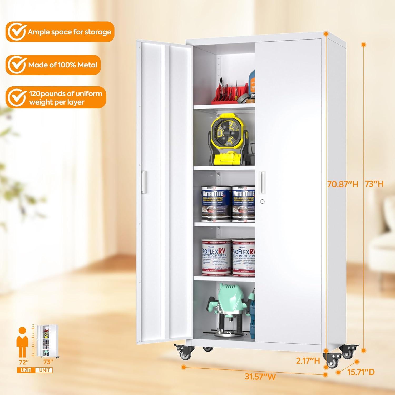 Aobabo Metal Storage Cabinet with Wheels & Pegboards,Office Storage Cabinet with Lock & Shelves,72'' H Steel Garage Cabinet for Office Home Storage,White Required-Assembly