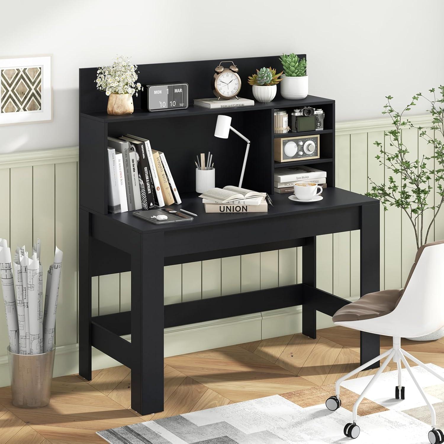 Black MDF Computer Desk with Hutch and Shelves