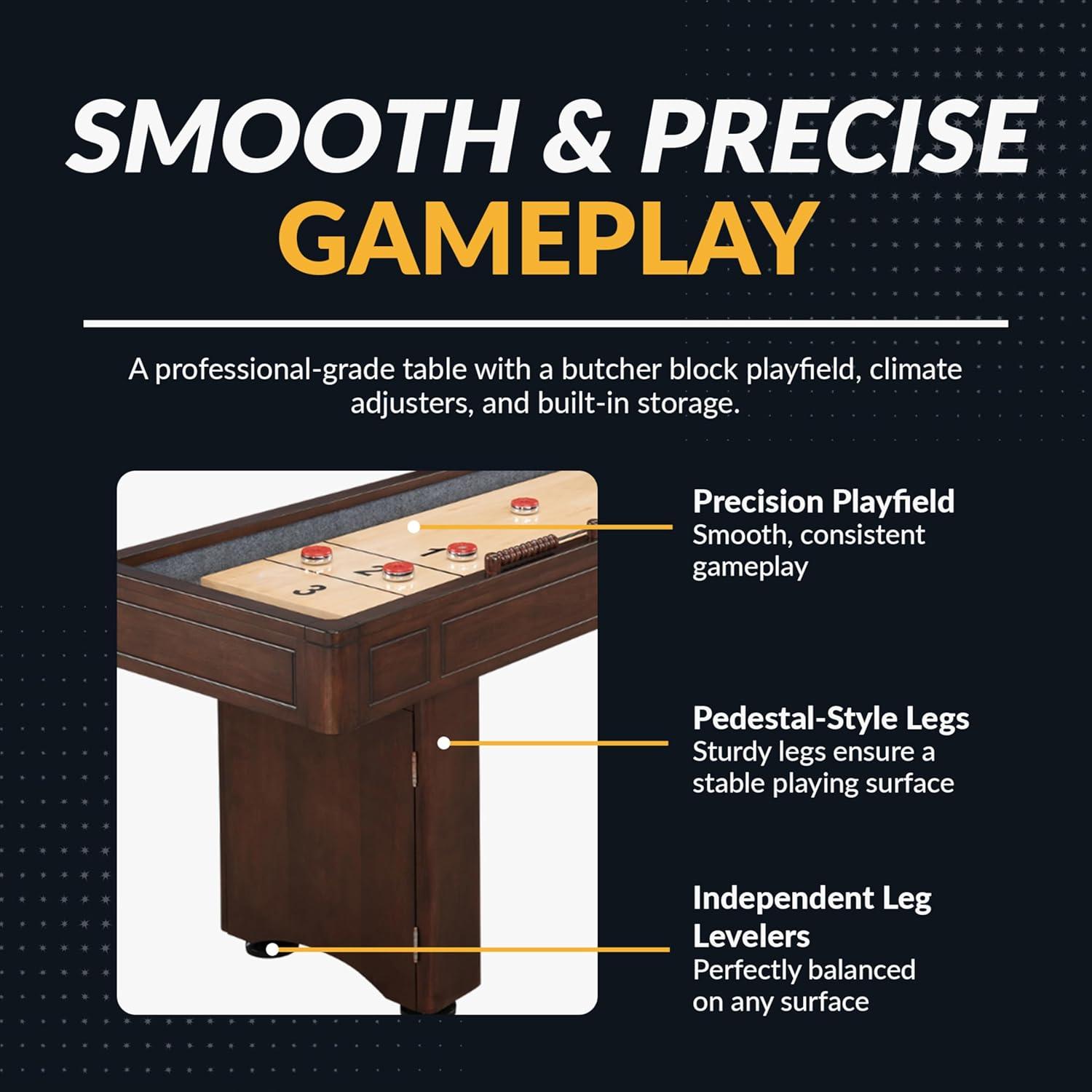 Hathaway Austin 9 Ft Shuffleboard Table for Arcade Game Room - With Scratch Resistant Playfield, Built-In Abacus Scorer & Cabinet, Padded Gutters, Leg Levelers, 8 Pucks, Brush & Wax - Mahogany Finish