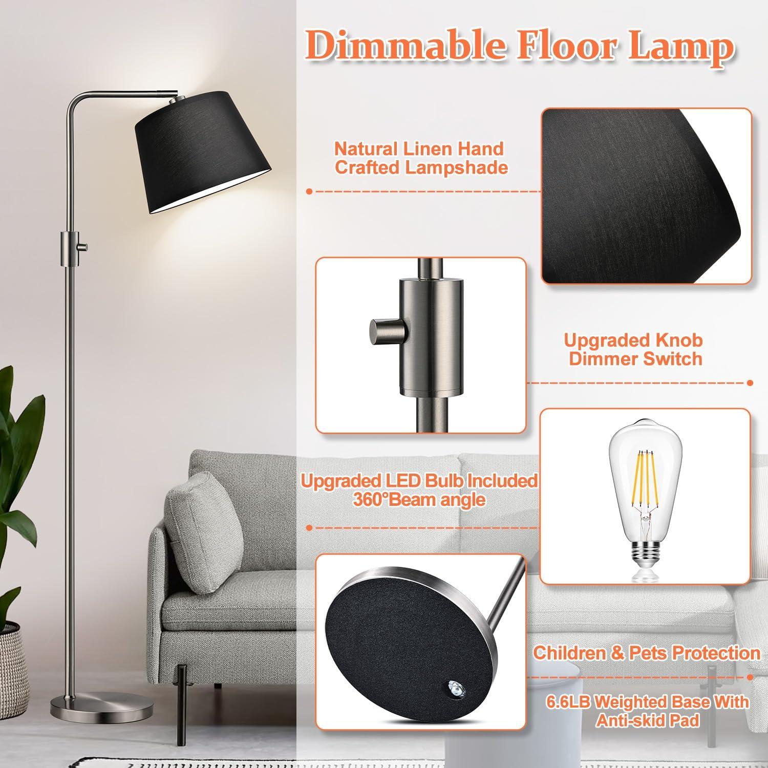 【Upgraded】 Dimmable Floor Lamp, 1000 Lumens LED Edison Bulb Included, Arc Floor Lamps for Living Room Modern Standing Lamp with Gray Shade, Tall Lamps for Living Room Bedroom Office Dining Room