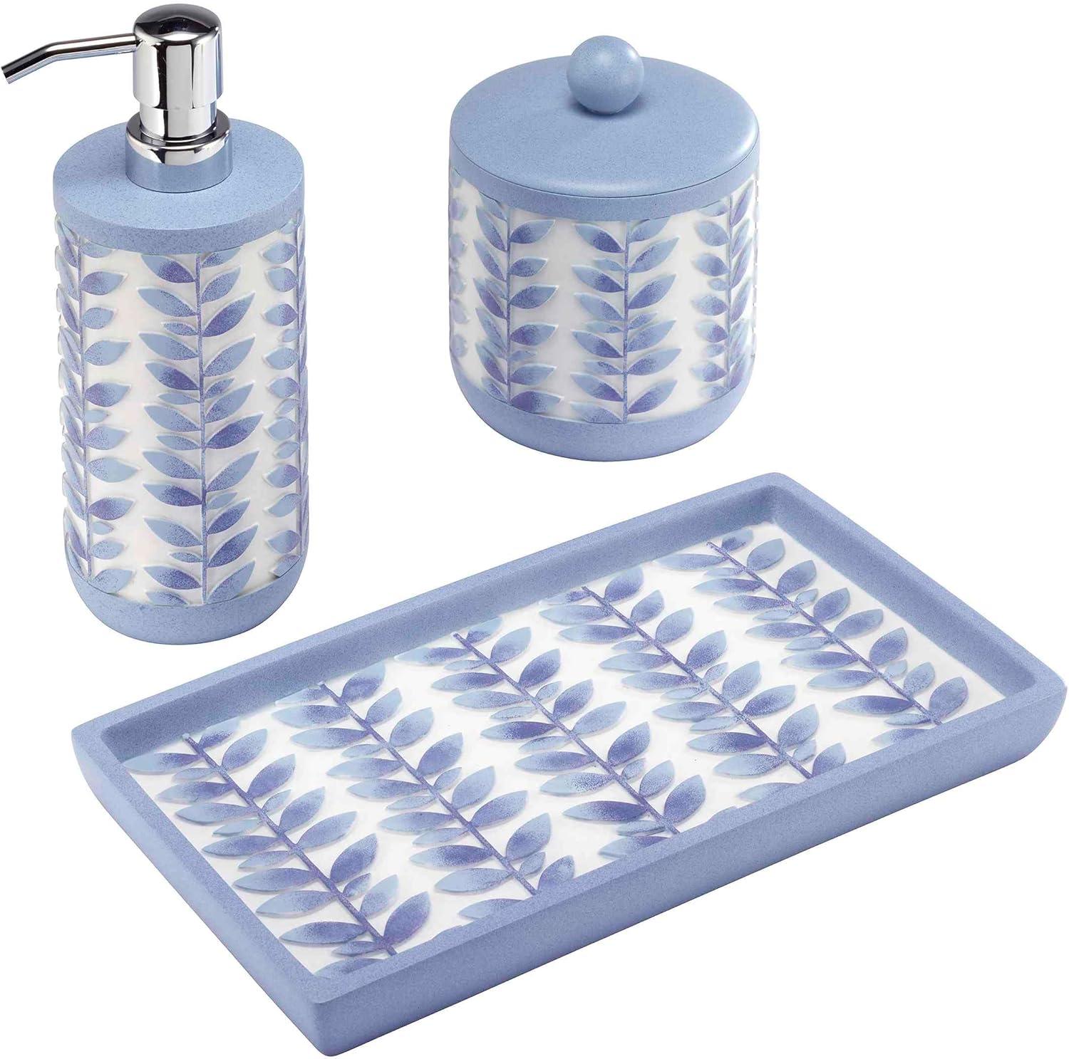 Periwinkle Blue Resin 3-Piece Vanity Set with Leaf Design