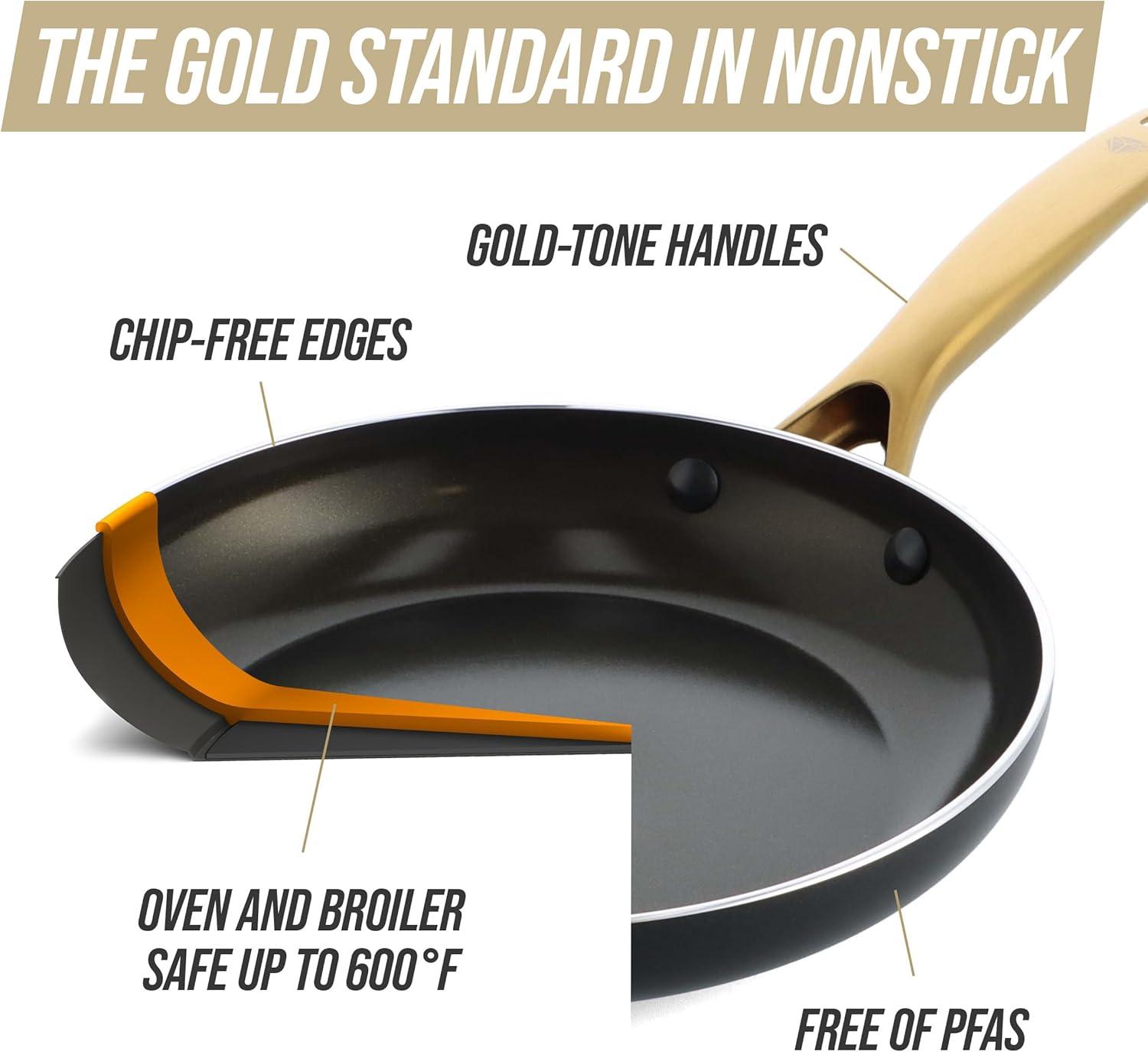 Black Cast Iron Frying Pan with Gold Ceramic Coating Handle