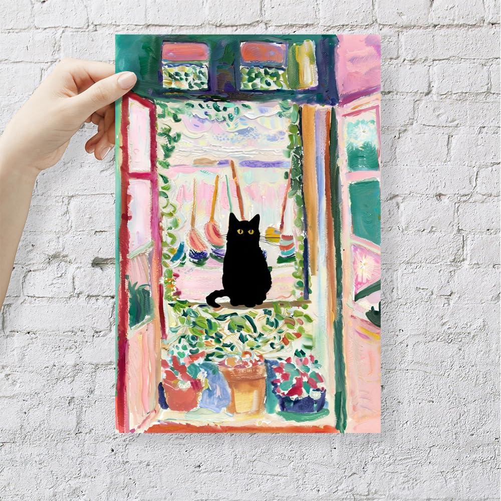 Henri Matisse Oil Paintings on Canvas Wall Art Matisse Famous Open Window Black Cat Poster Funny Cat Floral Print Colorful Farmhouse Gallery Aesthetic Room Decor for Bedroom Bathroom 12x16in Unframed
