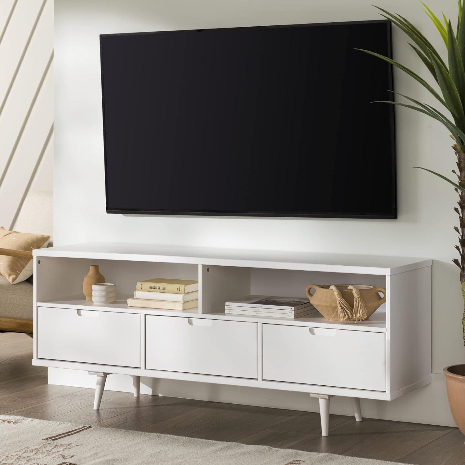 White Solid Pine Wood 58" TV Stand with Cabinet