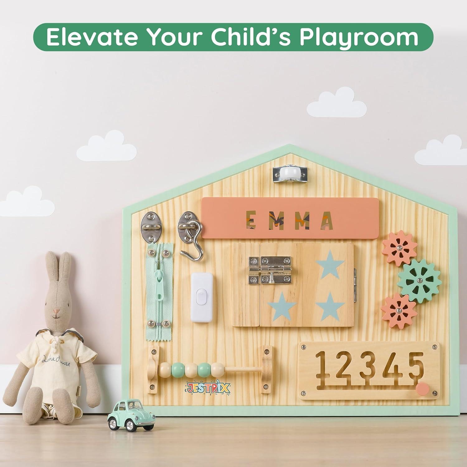 HomeSkill Wall & Travel Busy Board Panel – Can Be Personalized – Sensory Toy with 11 Activities – Solid Wooden Activity Board to Promote Early Childhood Development – Perfect for Toddler Playrooms