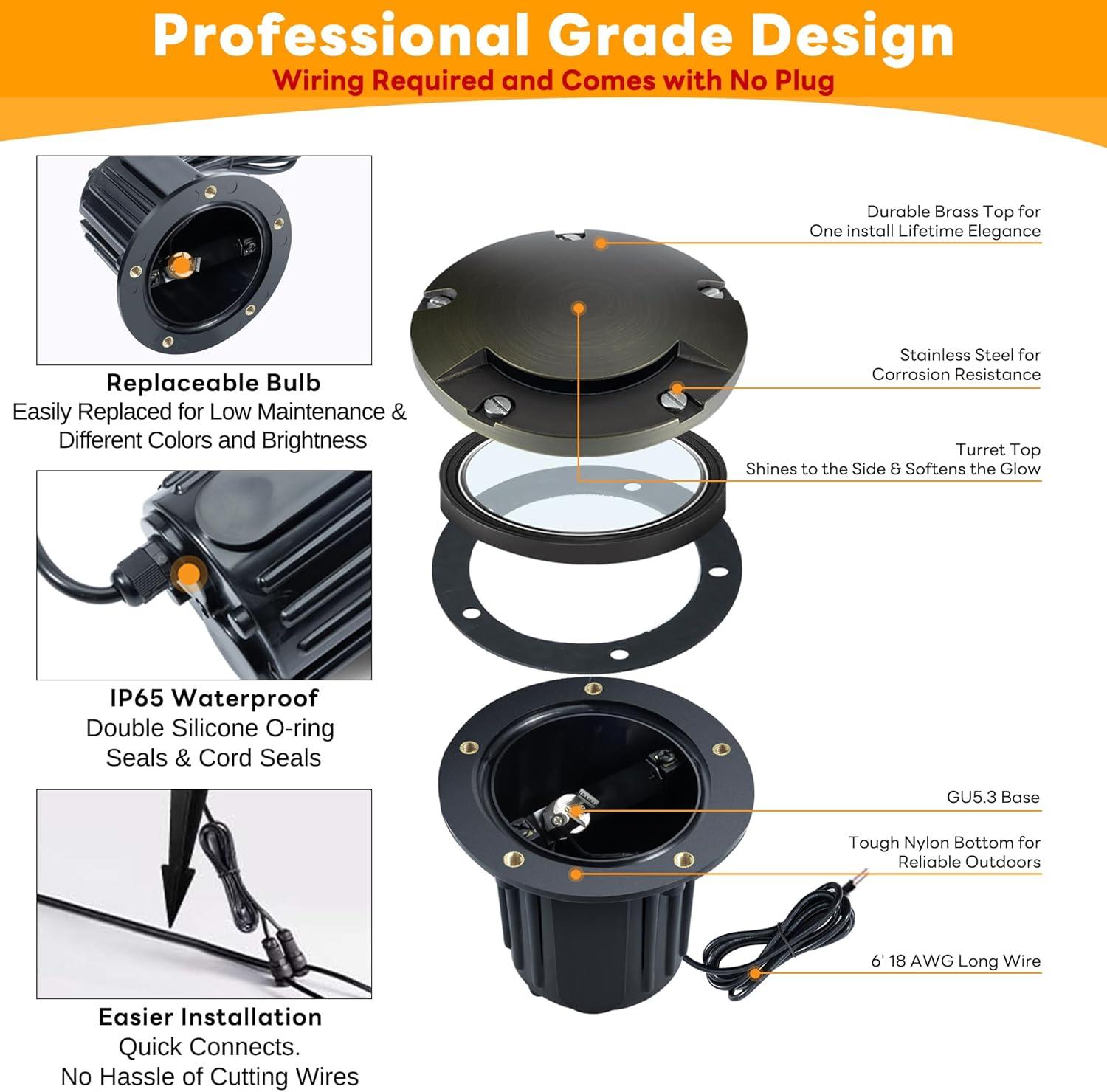 Gardenreet Brass Well Lights Landscape Led In Ground,12V LED Low Voltage Landscape Lighting Well Lights for Garden, Pathway Without MR16 Bulb(One-Direction Turret)