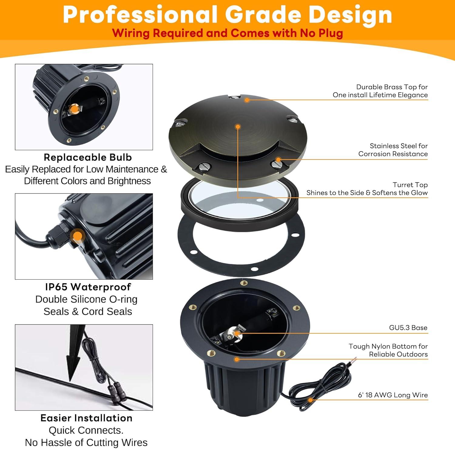 Gardenreet Brass Well Lights Landscape Led In Ground,12V LED Low Voltage Landscape Lighting Well Lights for Garden, Pathway Without MR16 Bulb(One-Direction Turret)