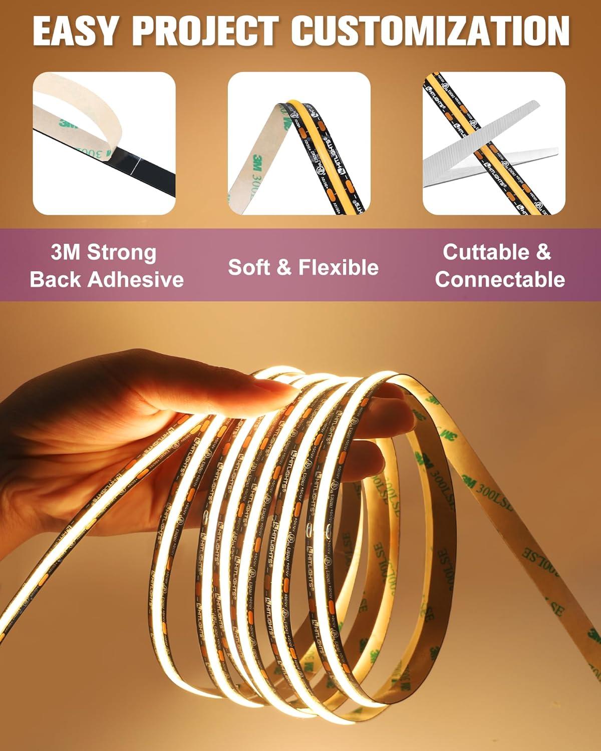 HitLights COB LED Strip Lights Warm White 3000K, 16.4ft Premium 12V Tape Light High Density, 2400 LEDs, 305+ LM/FT, CRI 90+, IP30, Lighting for Kitchen, Cabinets, UL Listed (Power Source Not Included)