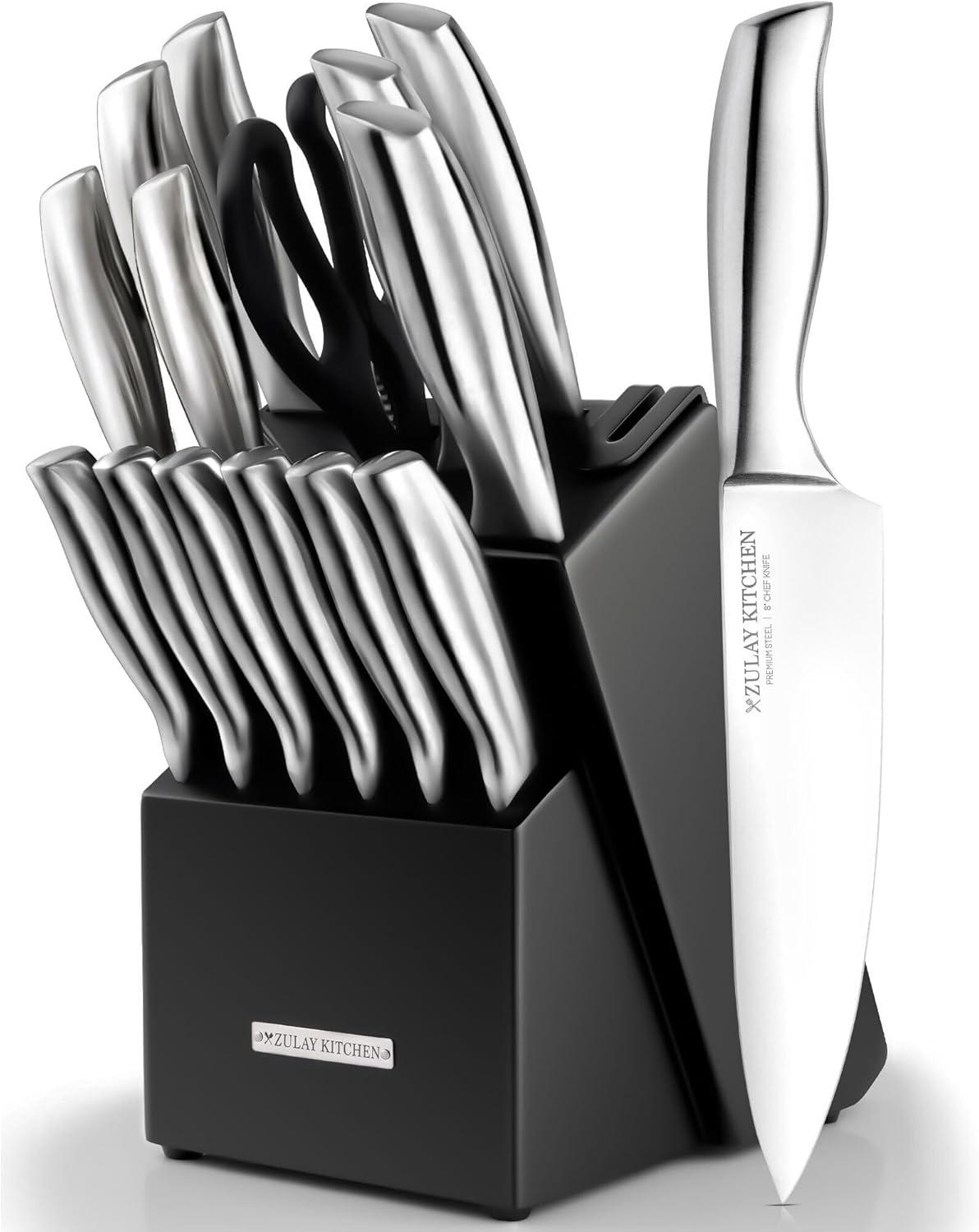 Zulay Kitchen Zulay Kitchen Premium 15-Piece Knife Set with Natural Wood Block and Built-in Sharpener