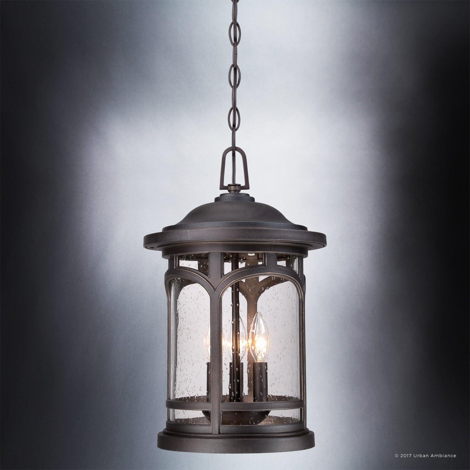 Urban Ambiance Luxury Rustic Outdoor Pendant Light, Large Size: 18"H x 11"W, with Colonial Style Elements, Wrought Iron Design, Oil Rubbed Parisian Bronze Finish and Seeded Glass, UQL1109