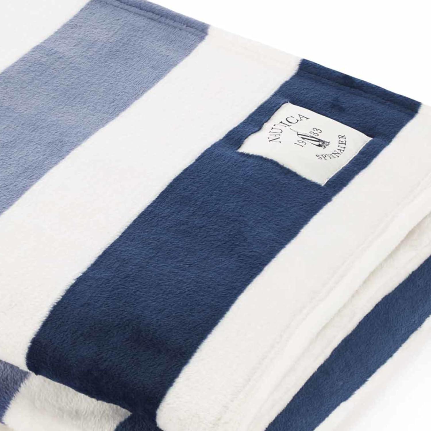 Navy and White Striped Fleece Throw Blanket