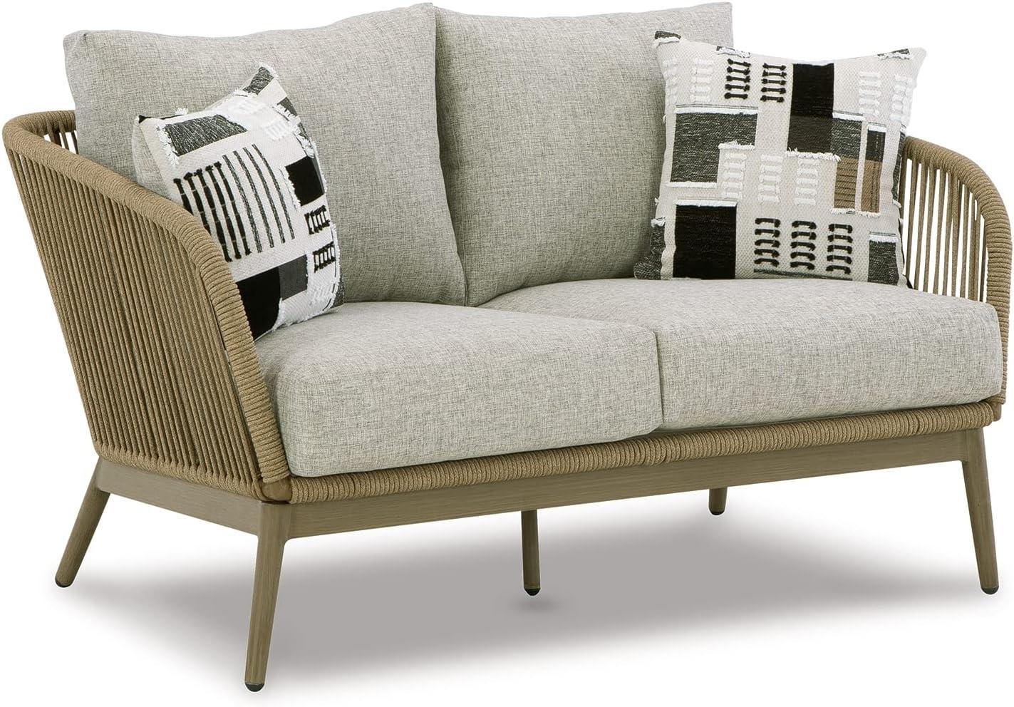 Beige Wicker and Wood Outdoor Loveseat with Cushions