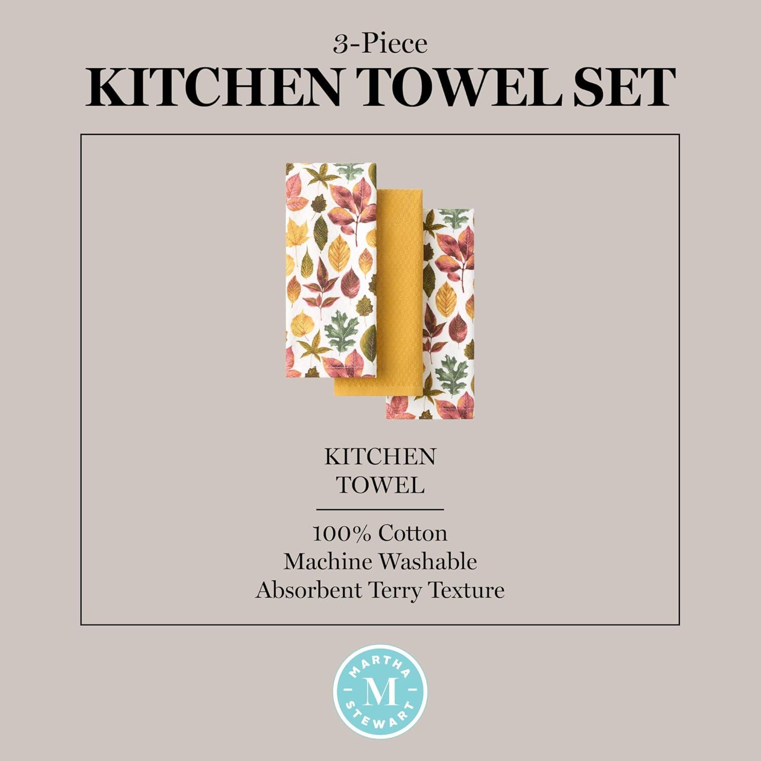 MARTHA STEWART Autumn Harvest Falling Leaves Kitchen Towel 3-Pack Set, 100% Cotton with Absorbent Terrycloth, Decorative Kitchen Towels, Tan/Red/Green, 16"x28"