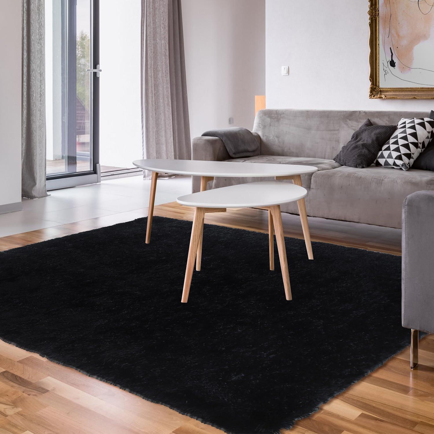 HT Design Rectengular Shag Area Rug, 5x7 Solid Color Low Pile Shag, Easy to clean, Pet Friendly, Soft Nursery Runner Rug for Living Rooms, Bedrooms, Black