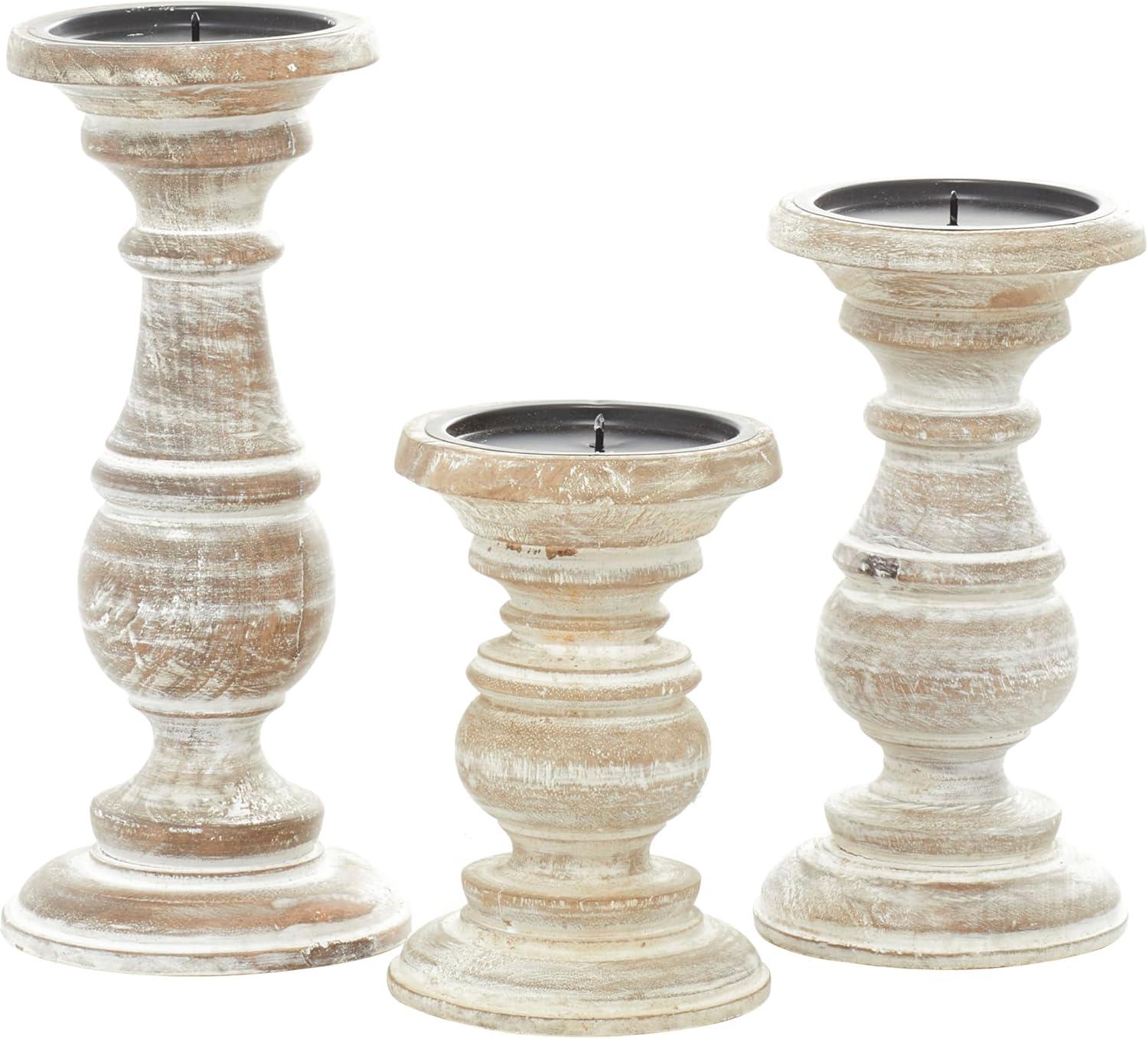 Winter Elegance Cream Mango Wood Pillar Candlestick Trio