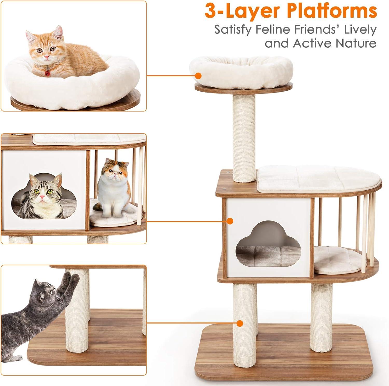 Costway 46'' Modern Wooden Cat Tree with Platform & Washable Cushions for Kittens & Cats